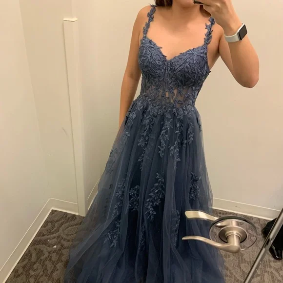 David's Bridal Blue Lace Prom Dress - Picture 4 of 6